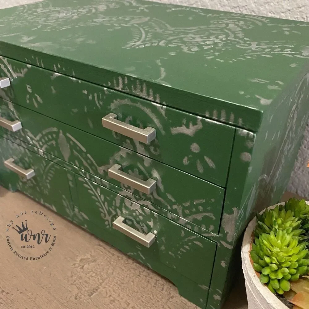 Green Hand Painted Wood Jewelry Box Silver Stencil Mirror Geometric Handmade